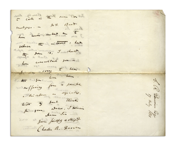 Charles Darwin Autograph Letter Signed With His Full Name, ''Charles R. Darwin'' in 1861 -- ''...I am sorry to hear that you have been suffering from so painful a disorder as erysipelas...''